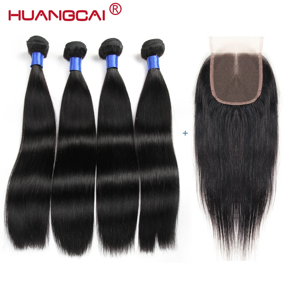 Huangcai перуанские прямые пучки человеческих волос с закрытием не Remy 4 Связки с 4*4 закрытия шнурка 5 штук в партии волос extensitions