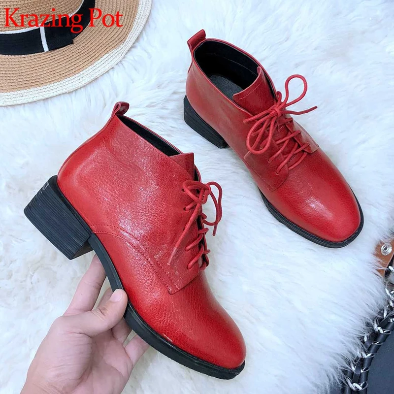 

Krazing Pot new arrival sheep leather round toe med heel keep warm lace up British school young girls Oxfords ankle boots L56