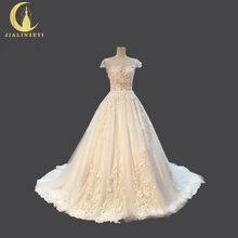 JIALINZEYI Sexy Luxurious Crew Neck Lace Flowers Beads V Back Luxurious Real Pictures Bridal Wedding Dresses Wedding Gown 2018