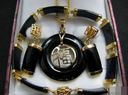 

FREE SHIPPING>>@> free shipping 00690 Fine Black jade pendant necklace bracelet earrings sets Natural jewelry
