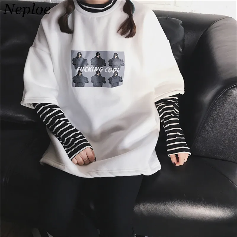 

Neploe 2019 Korean Striped Patchwork Women Hoodies Fashion Cartoon Printed Harajuku Sweatshirt Long Sleeve Loose Hoody 65727