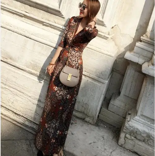 

Vintage 2018 Bohemian Style Elegant Women Dress Long V-Neck Collar A Line Ladies Dresses Party Print Flower Vestidos Q1039