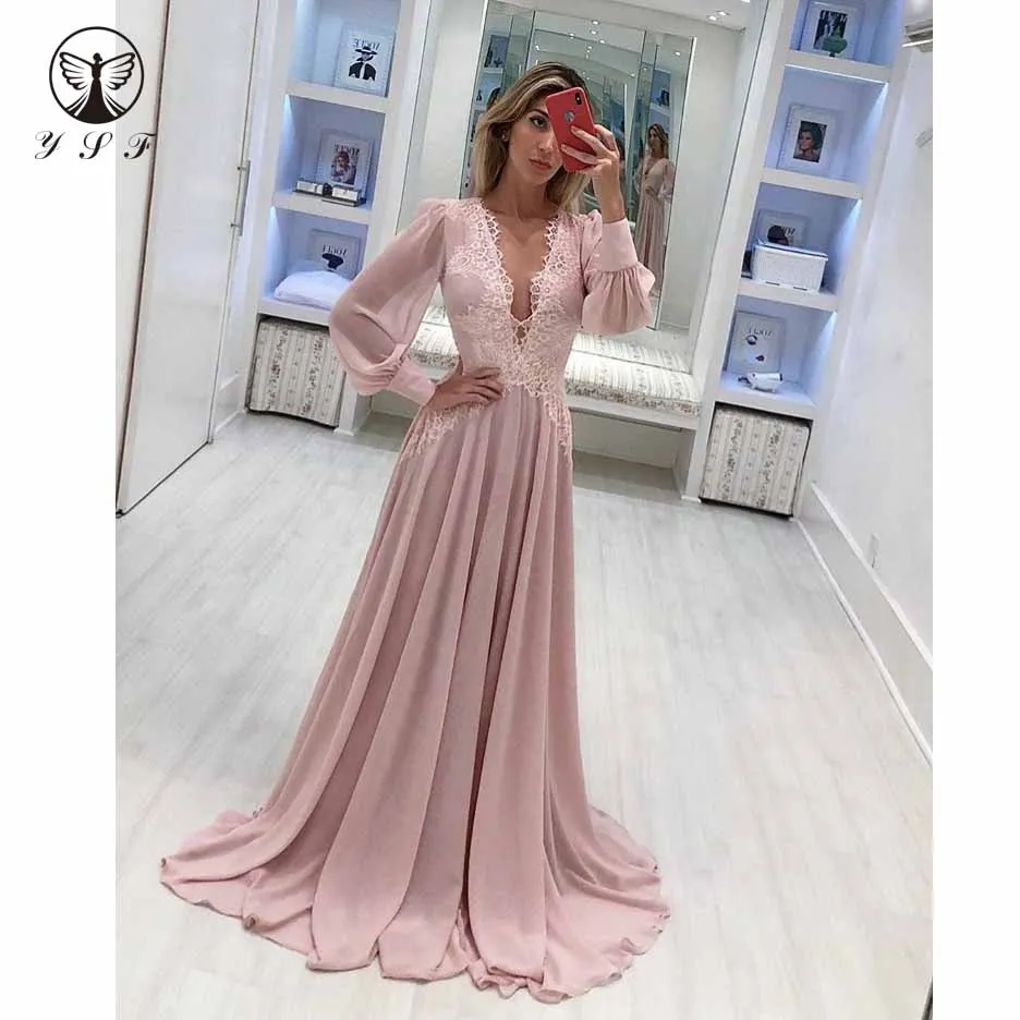 

Simple but Elegant Plunging V Neck Appliqued Lace Long Sleeve A Line Coral Prom Dresses 2019