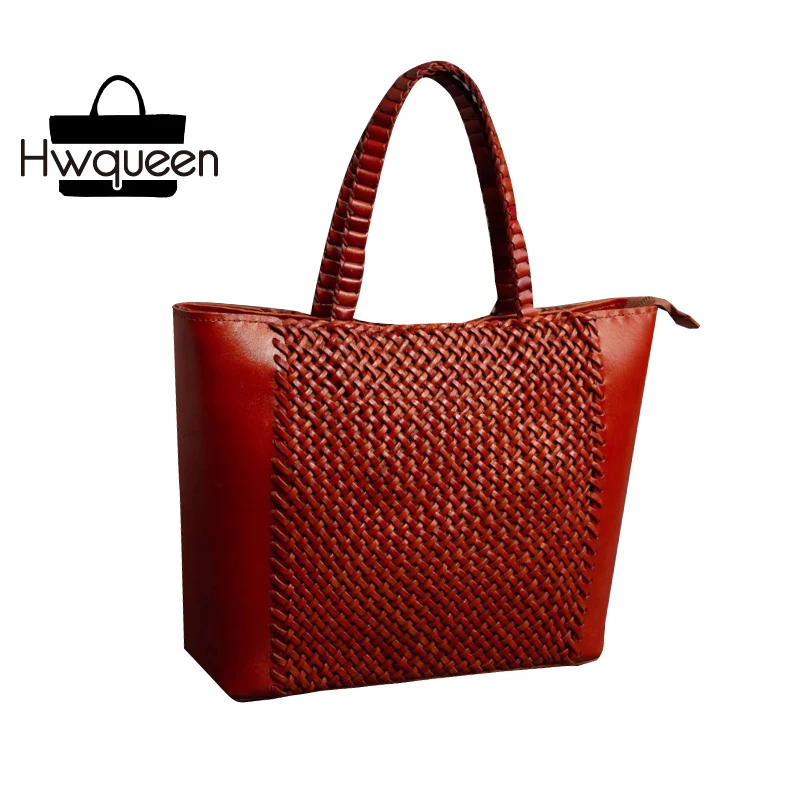 

100% Handmade Knitted Designer Genuine Cow Leather Ladies Female Large Street Shopping Totes Tan Handbag Women's Portable Bag