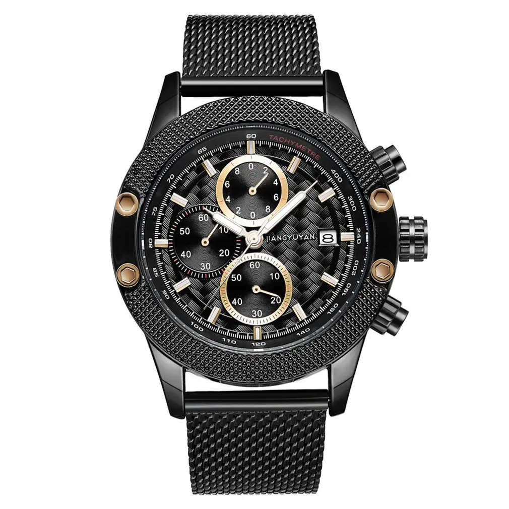 

JIANGYUYAN Men's Watch With Calendar True Three Eyes 6-pin Quartz Watch Waterproof Luminous Display Mesh Band