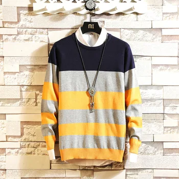 

Spring and Autumn 2019 New Fashion Stripe Colour Coloured Round-collar Men's Leisure Sweaters Knitted Sweaters