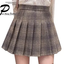 Осенне-зимние шерстяные клетчатые женские плиссированные юбки средней длины с высокой талией в консервативном стиле, широкие повседневные короткие брюки XS~ XXL