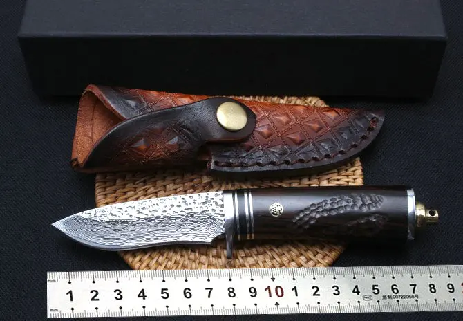 Trskt дамасский коллекционный нож, нож с фиксированным лезвием, охотничьи ножи для выживания, инструмент для кемпинга, черная ручка, кожаная оболочка
