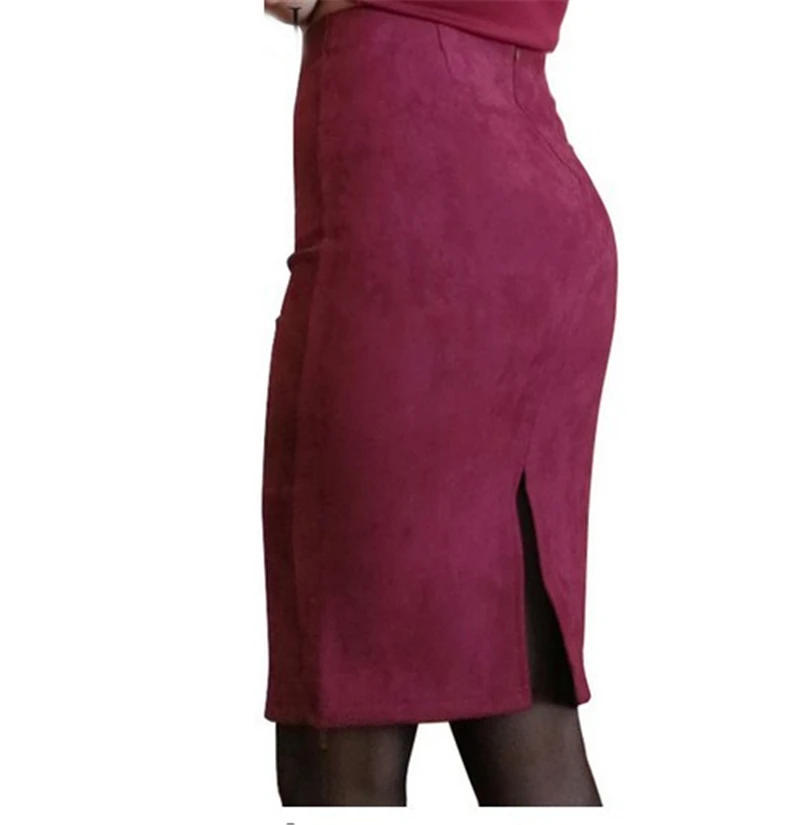 

Women Skirts Summer Plus Size Knee-Length Pencil Skirt Female Vintage Suede Split Skirts