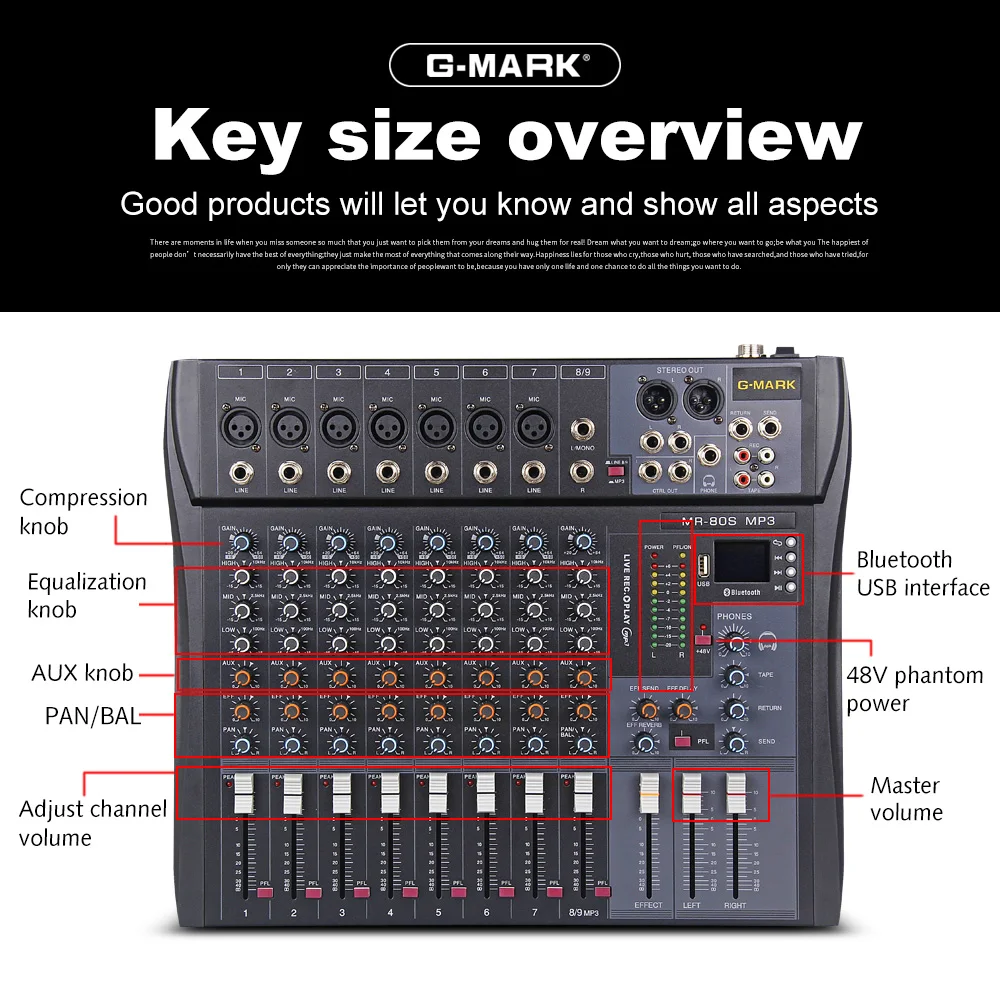 G-MARK MR80S аудио микшер музыкальная студия микшерный пульт аналоговый микшер 7 моно 1 стерео USB MP3 Bluetooth 48 В мощность рождественские Вечерние