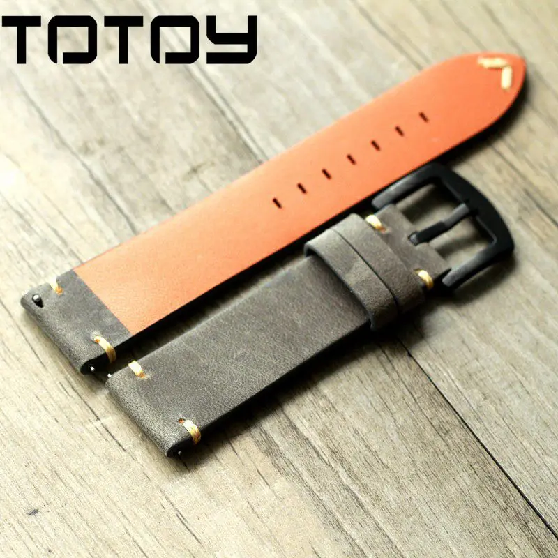 Ремешок для часов TOTOY ручной работы дымчато серый из кожи Крейзи Хорс 18 мм 20 22