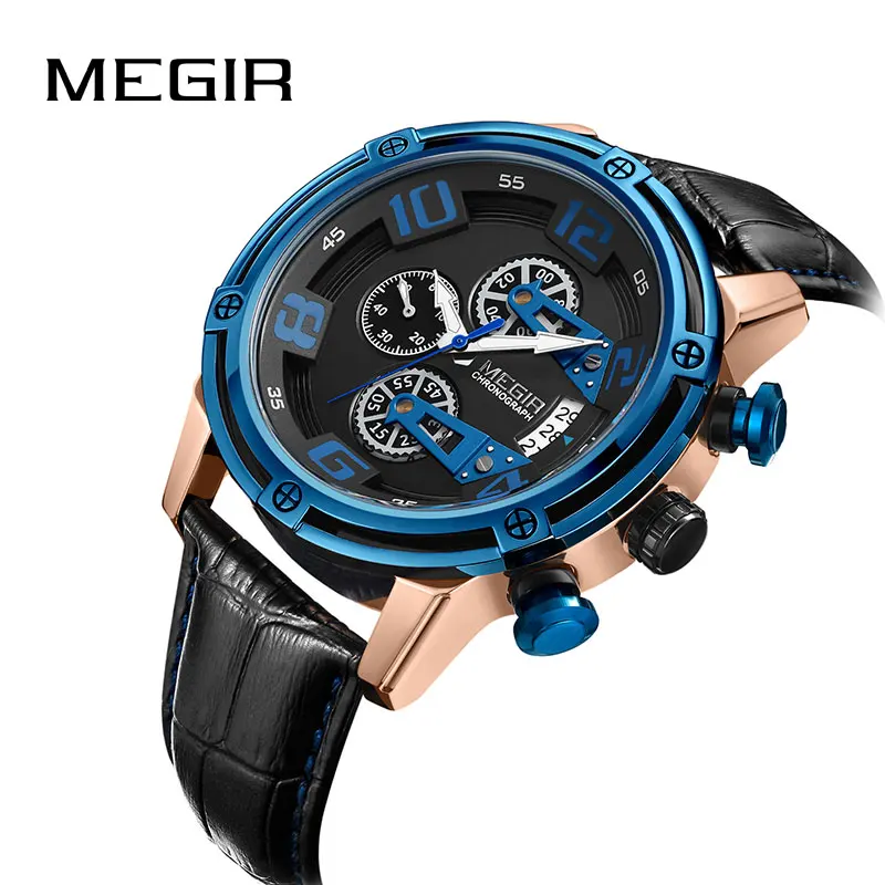 

Mens Watches Top Brand Megir Leather Wristwatch Analog Army Military Quartz Time Man Waterproof Clock Fashion Relojes Hombre