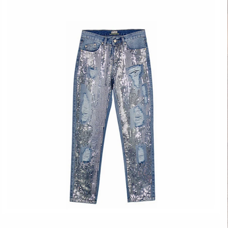 

Fashion sequined Mom jeans woman boyfriend distressed ripped jeans for women women denim pants autumn plus size trousers