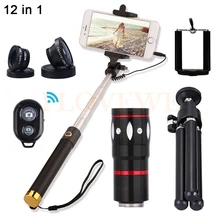 2017 HD 10X Teleobjetivo Lentes de ojo de Pez Gran Angular Lente Macro Para iphone 6 6 s 7 meizu teléfono celular lentes selfie monopod del trípode palo
