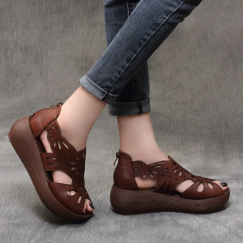 Women Leather Sandals Wedge Shoes Embroidery 6 Cm High Heels Chunky Sandals Beige Retro Shoes Handmade Genuine Leather Sandals