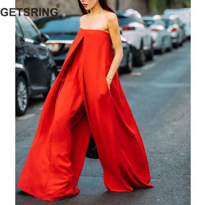 

GETSRING Women Jumpsuit Sleeveless Strapless Rompers Womens Jumpsuit Loose Woman Overalls Temperament Women Rompers Red Autumn