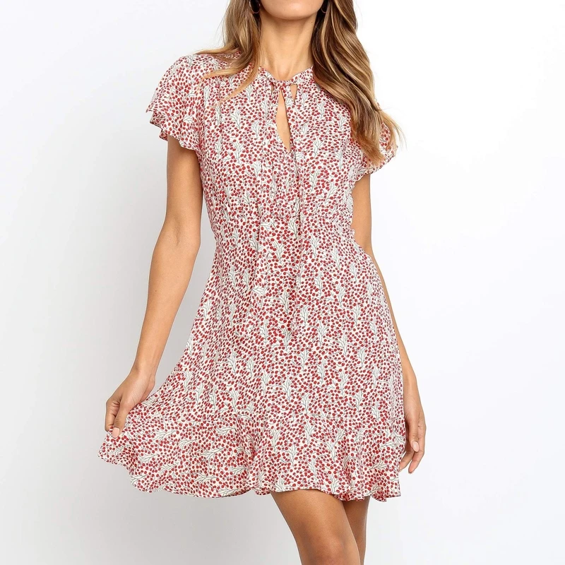 Vintage Floral Print Summer Dress Women Sexy Hollow Out Ruffle Mini Dress Elegant Short Sleeve A Line Party Dress Boho Vestido