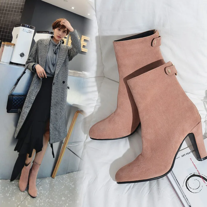 

42 43 plus size ankle boots women suede leather high heels boots 2018 autumn winter short martin boots button botas mujer y744