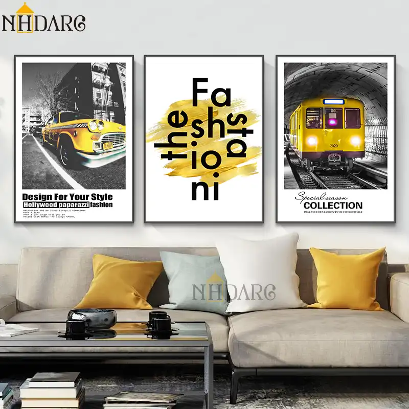 Modern Black White Yellow City Streetcar Vintage Train Canvas