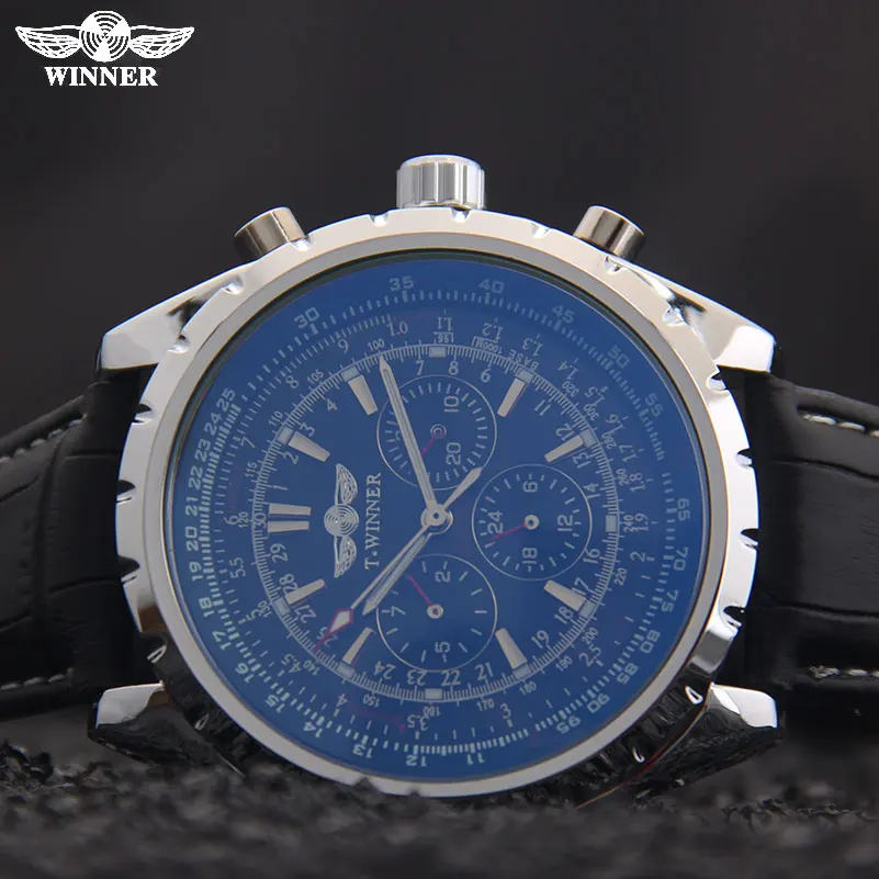 Prix pour Hommes mécanique montres marque VAINQUEUR hommes automatique 6 mains bracelet en cuir montres date automatique noir cadrans pour hommes mâle montres Prix pour Hommes mécanique montres marque VAINQUEUR hommes automatique 6 mains bracelet en cuir montres date automatique noir cadrans pour hommes mâle montres