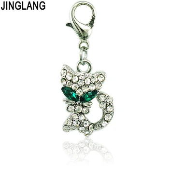 

JINGLANG Brand New Charms With Lobster Clasp Full Rhinestone Green-eyed Cat Charm Pendant DIY Jewelry Making Accessories