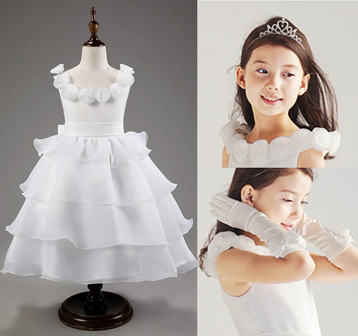Baby girls formal flower white long wedding party princess dress kids