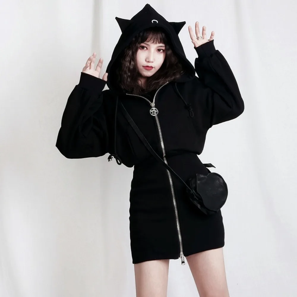 Pentagram Zipper Cute Cat Ears Moon Print Hoodie Long Sweatshirt  Black Women Punk Gothic Hoody Ladies 2019 Autumn Slim Jacket