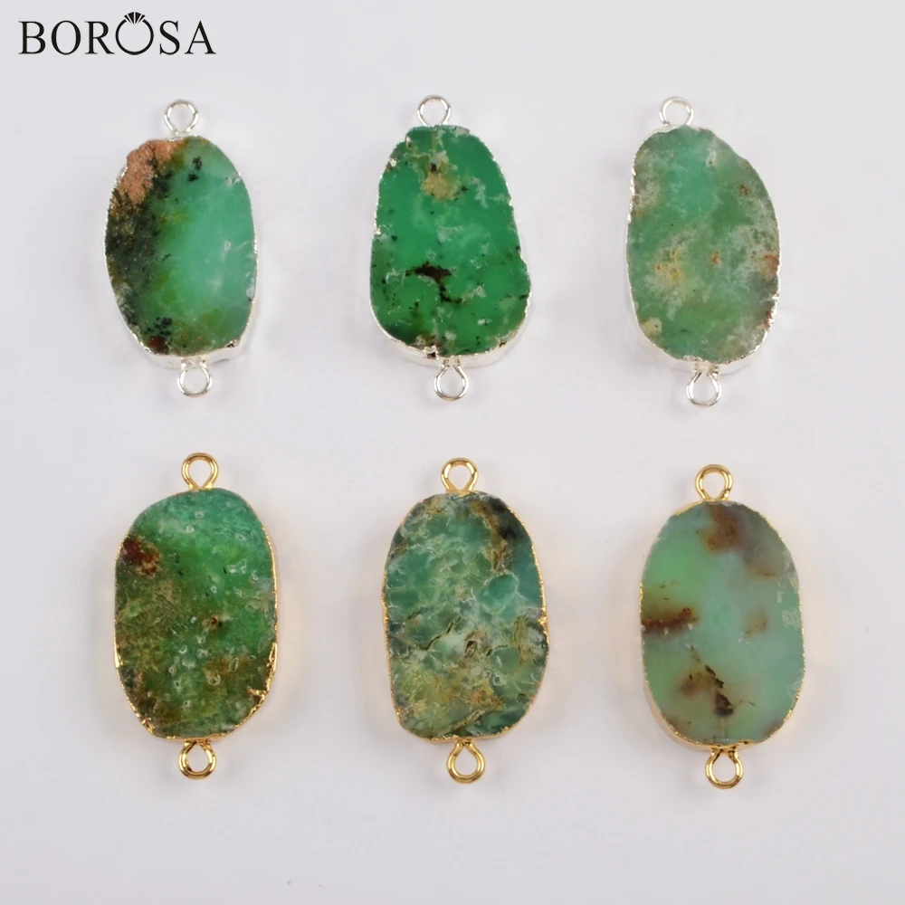 

BOROSA 5PCS Gild Natural chrysopras Jades Connector Silver High Quality Gems Green Stone Double Charms Boho Women Bracelet G1817