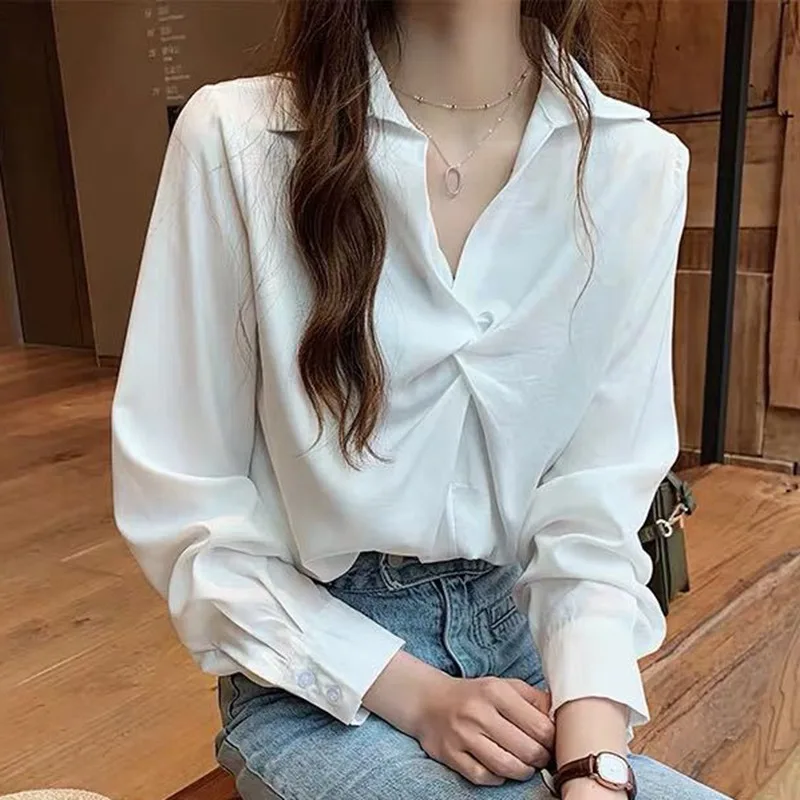 

Women's Fashion Spring Autumn Full Long Sleeve Blouse Cross Twist Knot Decoration Ladies V Neck White Solid Color Blouses