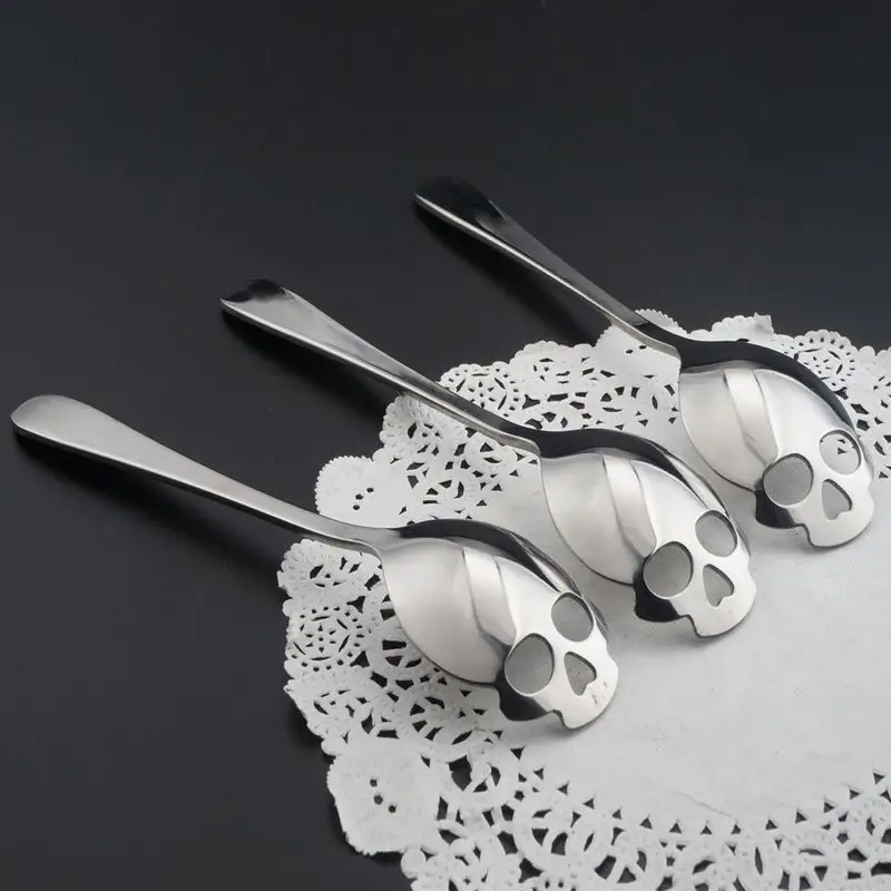 

4 colour Skull Shaped Spoon 304 Stainless Steel Coffee Spoon Dessert Ice Cream Sweets Teaspoon Stainless Food Cutlery Halloween