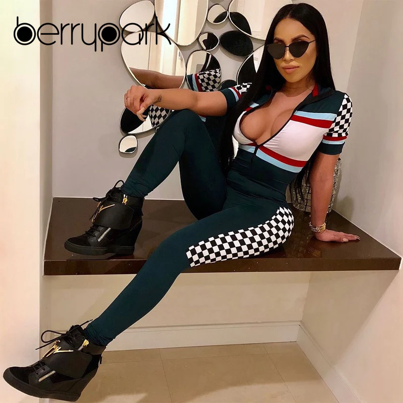 

BerryPark Plaid Cool Motorcycle Jumpsuit 2019 Women Zip Deep V-Neck Short Sleeve Stretch Slim Romper Racing Clothing Sport Wear