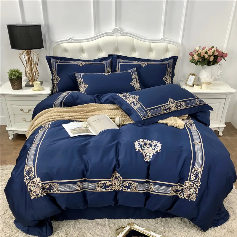 

Blue Pink Luxury Gold Royal Embroidery Egyptian cotton Bedding Set Duvet Cover Bed Sheet/Linen Pillowcases Queen King Size 4pcs