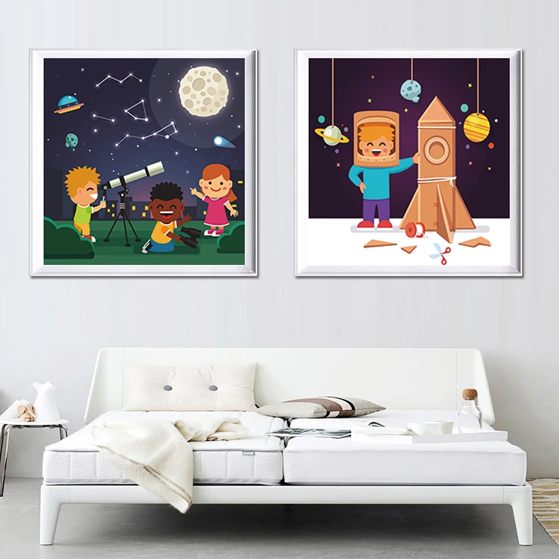 

Modern Cartoon Cute Airship Star Moon Oil Canvas Painting Prints Kids Nursery Poster Nursery Wall Art Modern Home Decor No Frame