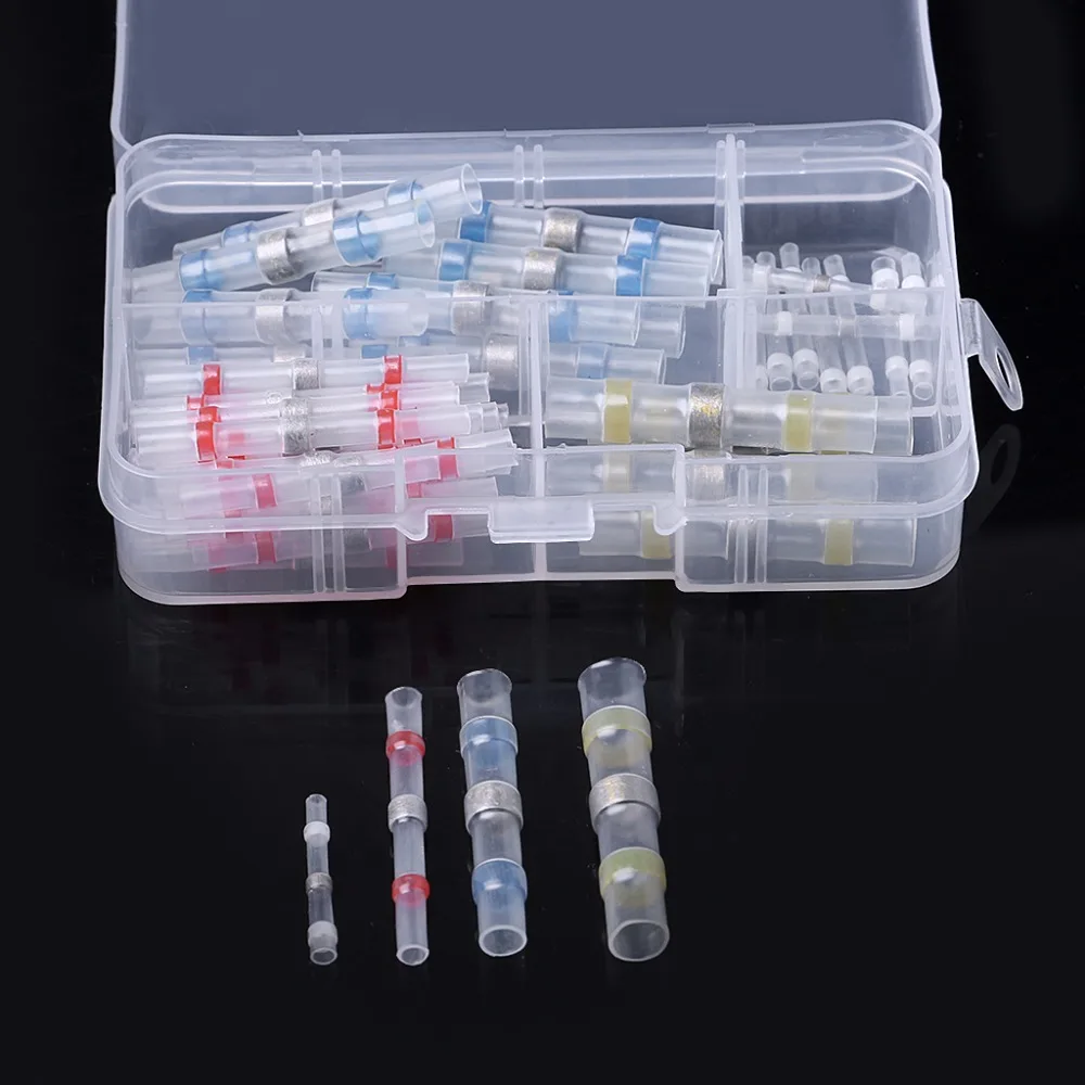 

OOTDTY 50/100pcs Shrinkage Solder Sleeve Heat Shrink Tube Butt Terminal Wire Splice Connector With Box 4 Colors-831F
