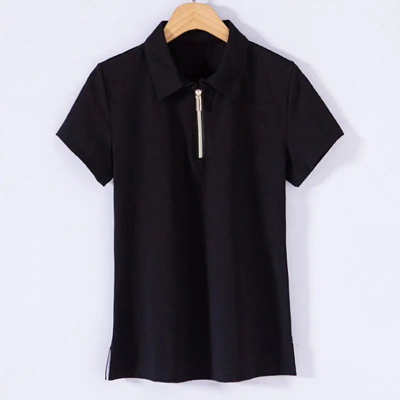 Мода, летние женские рубашки поло с коротким рукавом, одноцветные повседневные Хлопковые женские футболки на молнии с отворотом, женские облегающие Топы M-4XL - Цвет: Черный