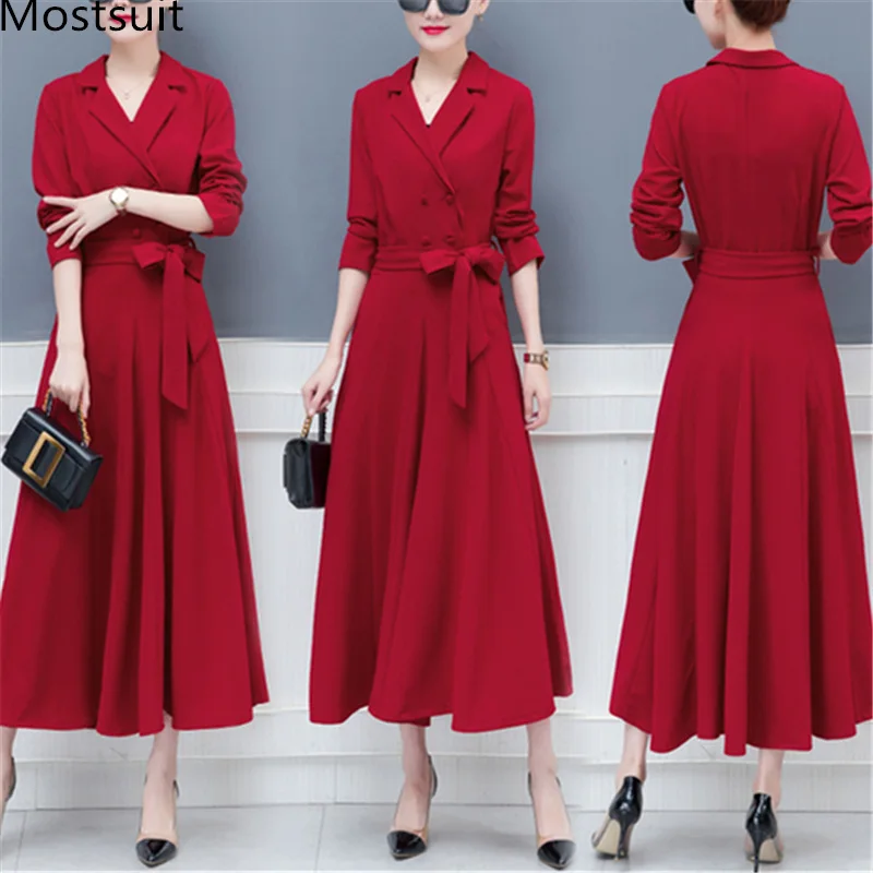 

2019 Spring Autumn Black Red Long Maxi Dress With Belt Women Plus Size Long Sleeve Pleated Vintage Office Party Dresses Vestidos