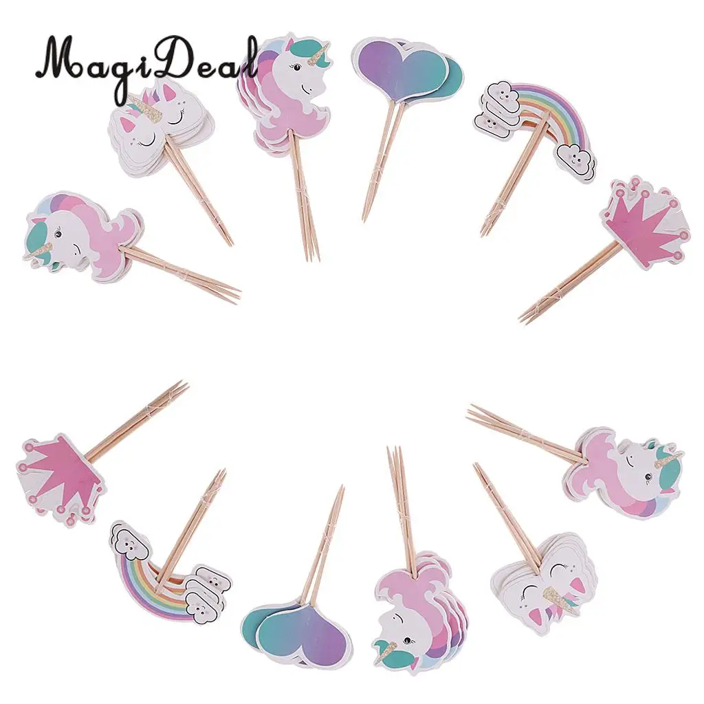 MagiDeal 2 Set Rainbow Unicorn Cake Topper Love Shape Crown Food Picks Party Decor