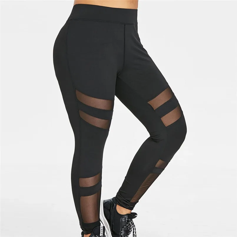 Women Plus Size Yoga Pants Sexy Mesh Patchwork Workout Leggings Fitness