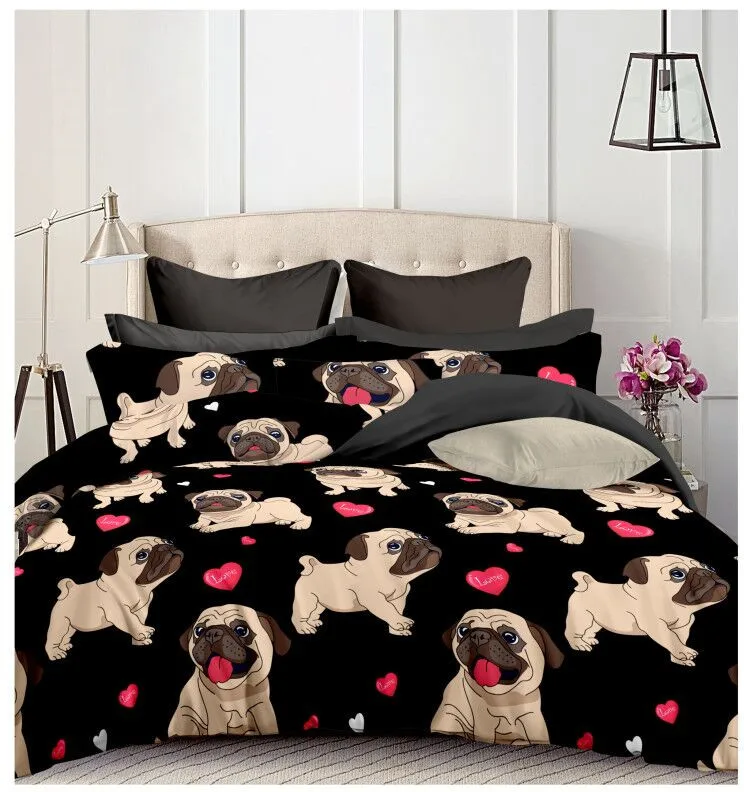 Черный с принтованным Мопсом, комплекты постельного белья в форме сердца собака Постельное белье 2/3 шт. набор кровать двуспальная queen Стёганое одеяло, покрывало на кровать, белье постельно - Цвет: 1