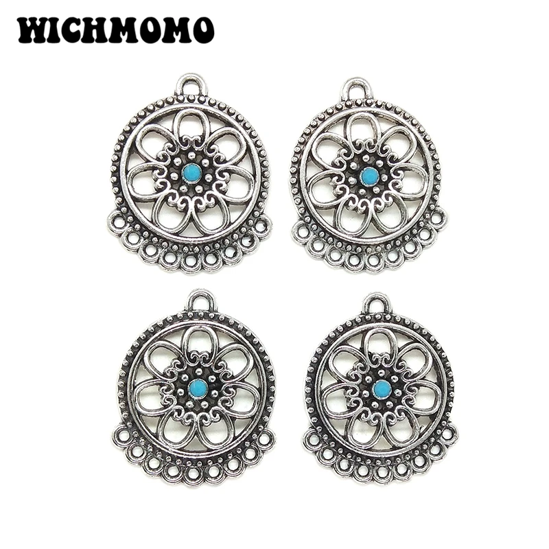 

2019 New 30*25mm 4pieces/bag Retro Zinc Alloy Round Flowers Inlay Blue Bead Connectors Linker Diy Jewelry Earring Accessories