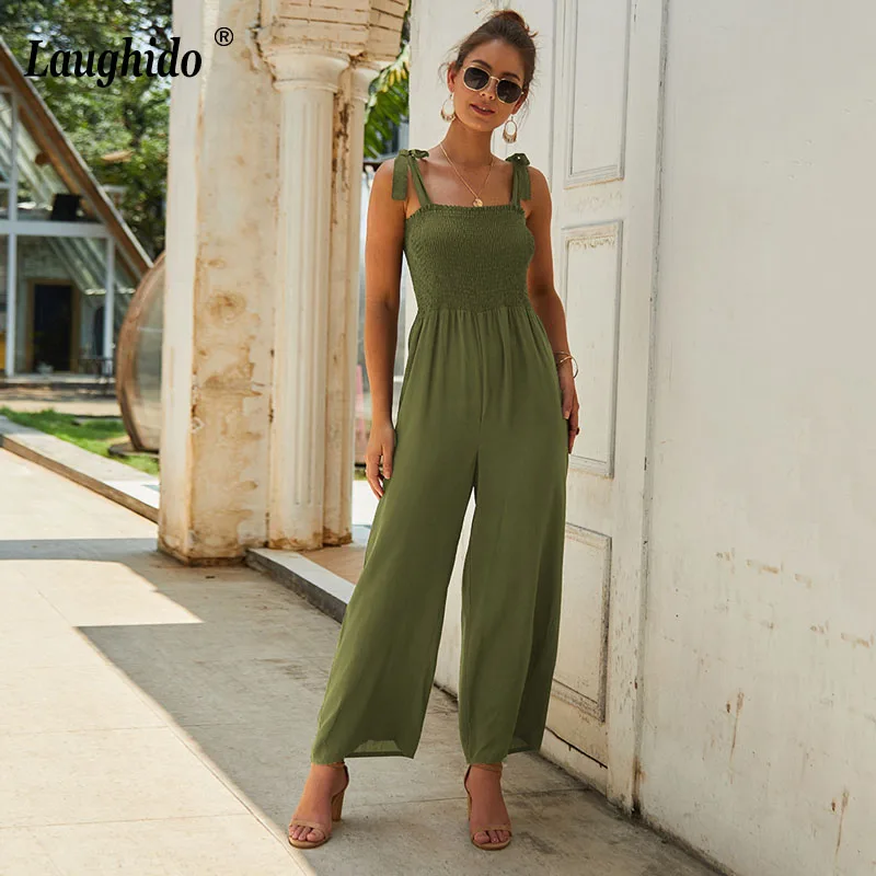 

Laughido Solid Loose Jumpsuit Bow Tie Spaghetti Strap Playsuit Wide Leg Summer Rompers Sexy Strapless Slim Overalls For Women