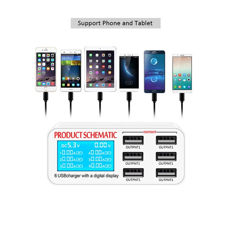 

6-port USB 3.0 hub charger smart charging port multi USB splitter 5V 5A power adapter LCD digital display smart charging station