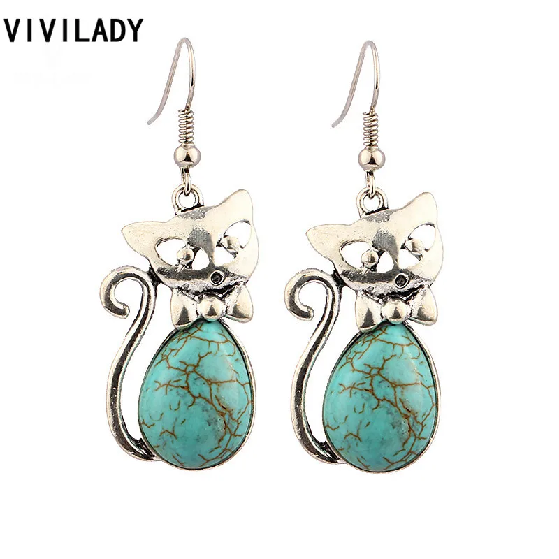 

VIVILADY Natural Blue Stones Lovely Cat Drop Dangle Earrings Women Girl Femme New Vintage Silver Color Animal Jewelry Party Gift