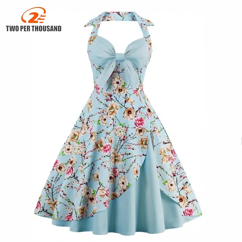 Women Summer Vintage Dress S 4XL Plus Size Ball Gown Floral Print Robe Pin Up 50s