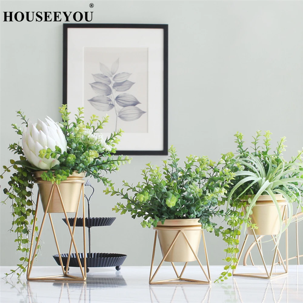 

Nordic Golden Iron Art Artificial Flower Vase with Stand Succulent Green Plants Flowerpot Desktop Flower Pot Decoration Crafts