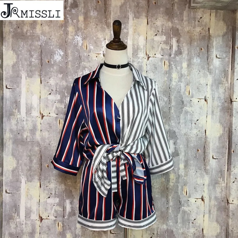 JRMISSLI Summer 2018 Women Pajamas Turn-down Collar Sleepwear Two Piece Set Shirt+Shorts Striped Casual Pajama Sets | Женская одежда