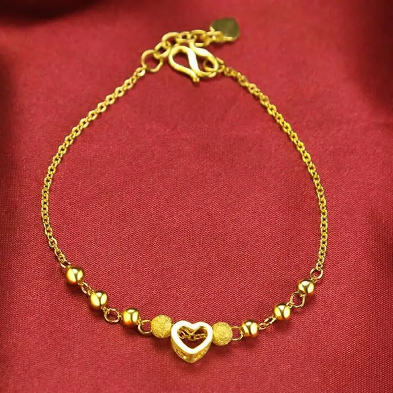 New Arrival Pure 24K Yellow Gold Bracelet Women Heart Smooth Beads ...