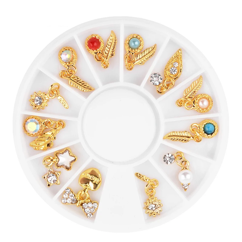 

12pcs Nail Art Metal Feather Charm Gold Pendant Rhinestone Decoration Wheel 3D DIY Jewelry Diamond Manicure Accessories