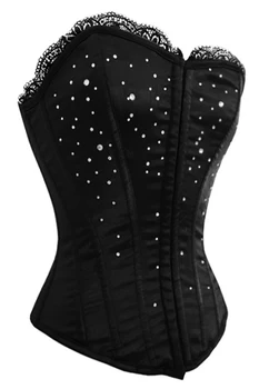

Fashion Black Boned Overbust Corset With Diamond Details and Zip Front Girls Sexy Corset