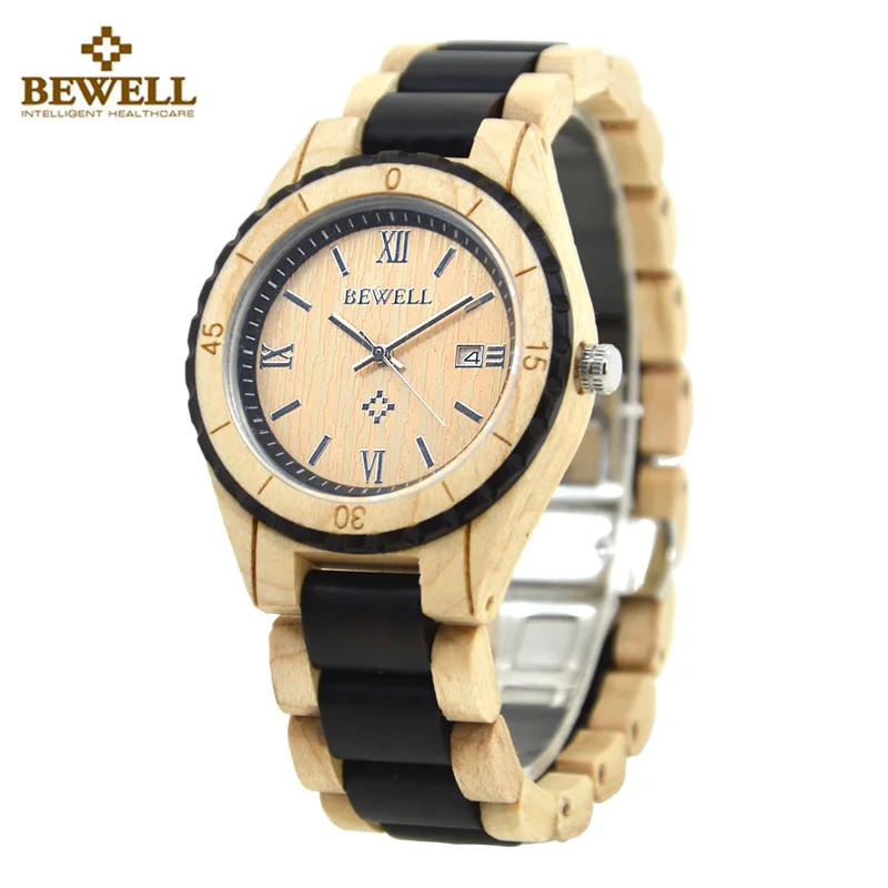

BEWELL Wood Watch Men Fashion Casual Watch Auto Date Display Men Quartz Watch With Ebony Handmade Male Clock relogio masculino